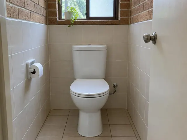 White toilet in a tiled bathroom with a small window and tan floor tiles in Glenhaven