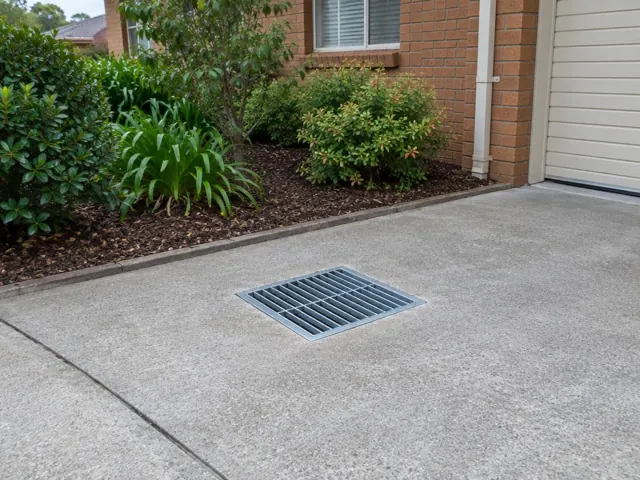Flush stormwater grate in a concrete driveway beside garden beds and a brick house in Castle Hill